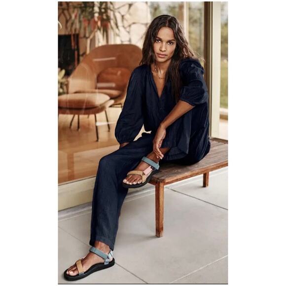 Velvet Graham & Spencer Women’s M Black Linen Jumpsuit Short Sleeve Button Front - Picture 2 of 15